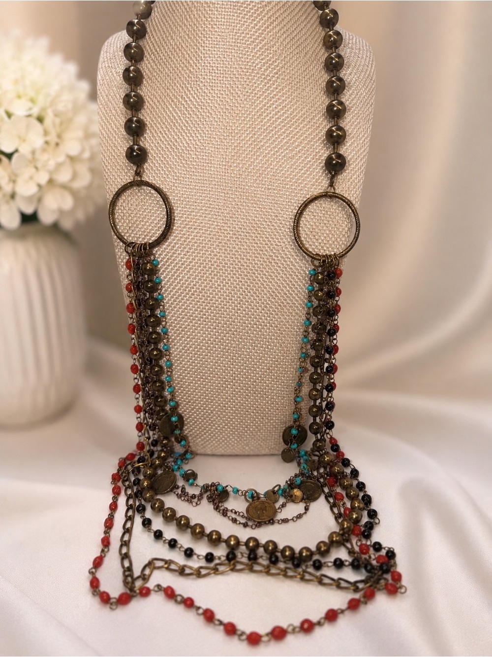 Vintage Boho Multi Strand Coin & Beaded Statement Necklace